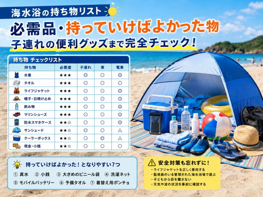 海水浴の持ち物リスト｜必需品・持っていけばよかった物・子連れの便利グッズ